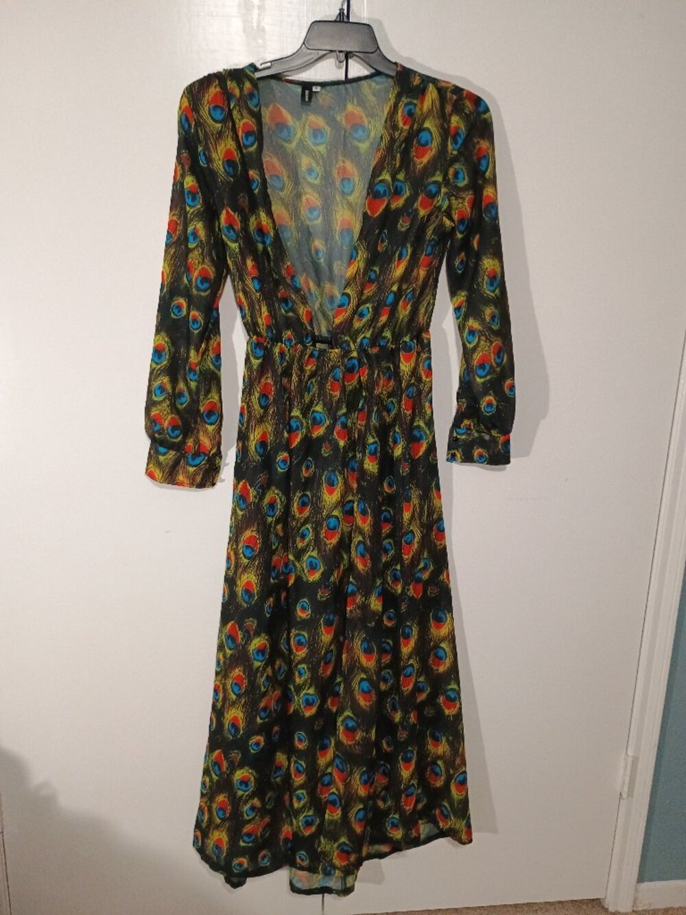 Miss Ord Peacock Feather Print Maxi Dress Deep V Boho Long Sleeve - Picture 2 of 15